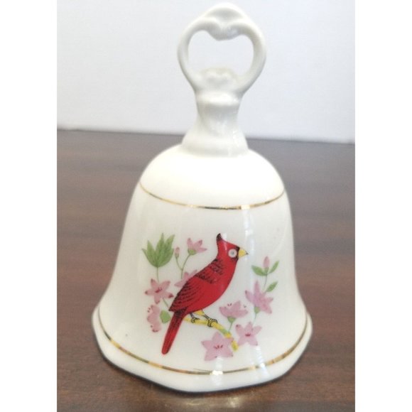 Vtg Red Bird Dinner Bell Cardinal Christmas Porcelain Pink Flowers - Picture 6 of 9